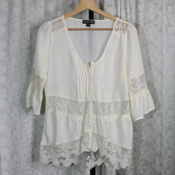 Vintage Rampage Cream and white lace blouse with button-up front ruffle sleeves - Picture 1 of 8